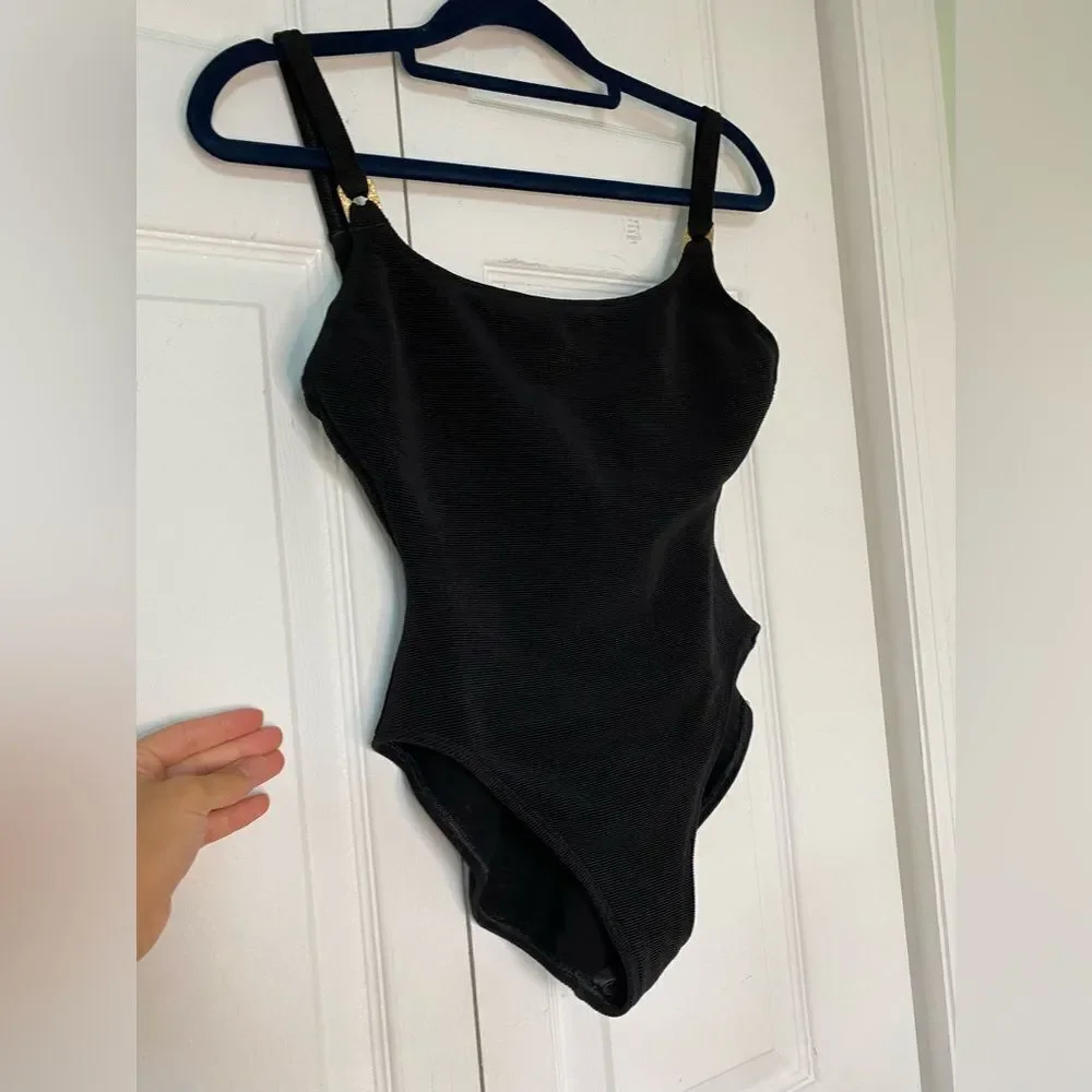 1990/80s Baja Blue Black Swimsuit with Gold Details